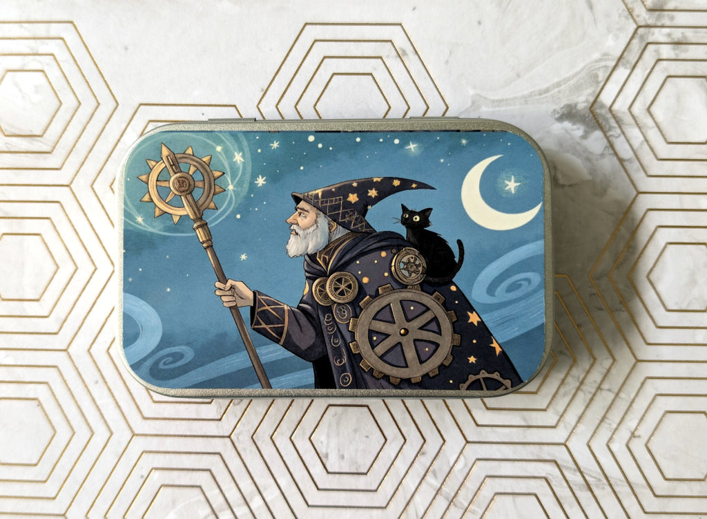 A wizard and his cat. Catnip Tin