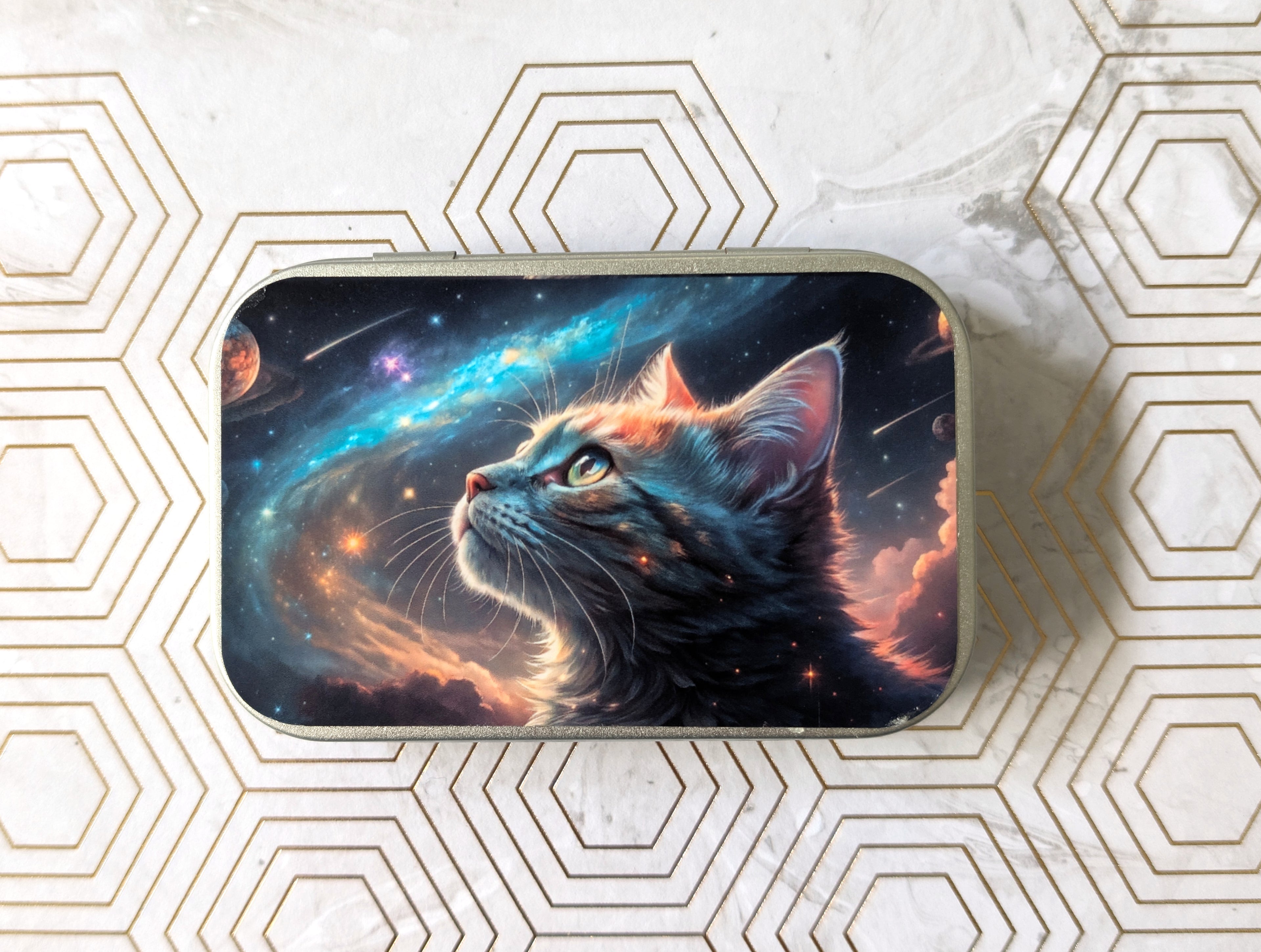 Cat dreaming of travels through the stars. Catnip Tin