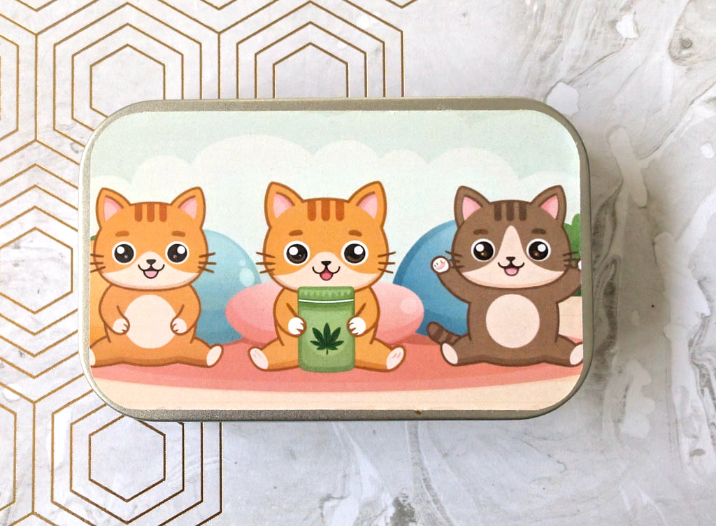Three Cats with a bag of we...catnip. Catnip Tin