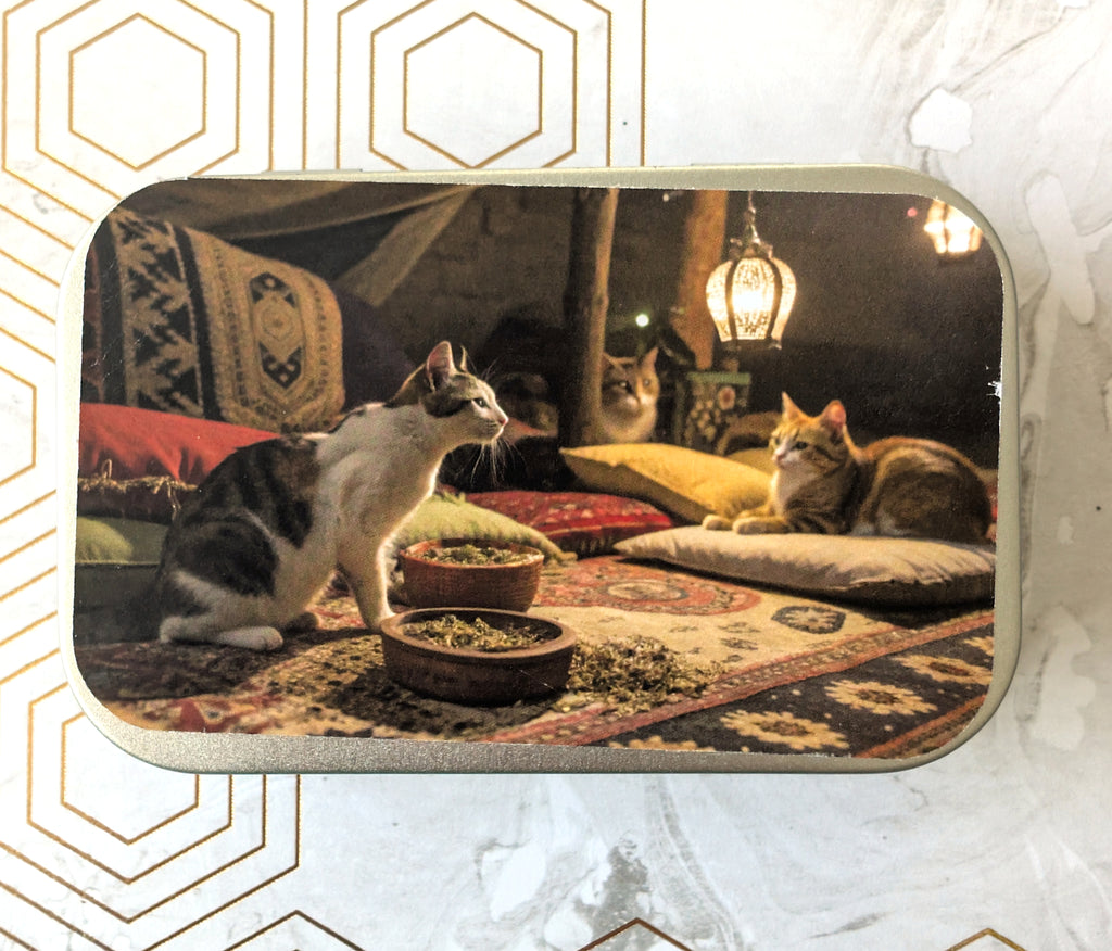 Cats chilling in a catnip den, Catnip Tin